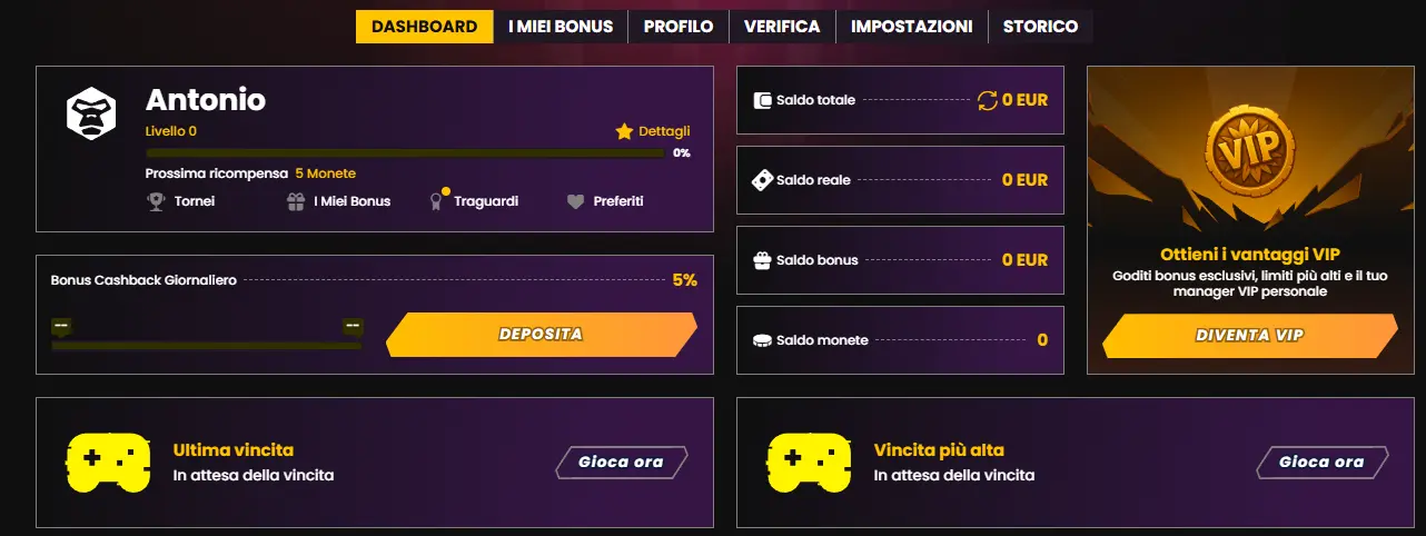 Dashboard dell'area personale di Wild Tokyo Casino